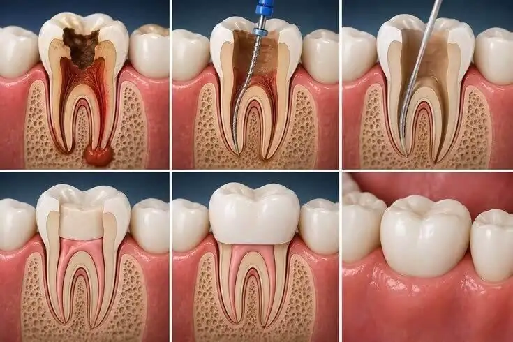 Step-by-step root canal treatment illustration